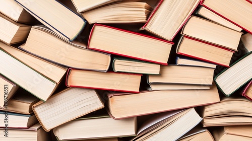 A close-up view of assorted stacked books, showcasing their spines and covers, creating a textured and layered appearance. photo