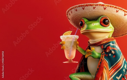 A photorealistic image of a Mexican frog with a sombrero and colorful poncho, enjoying a margarita cocktail.  photo