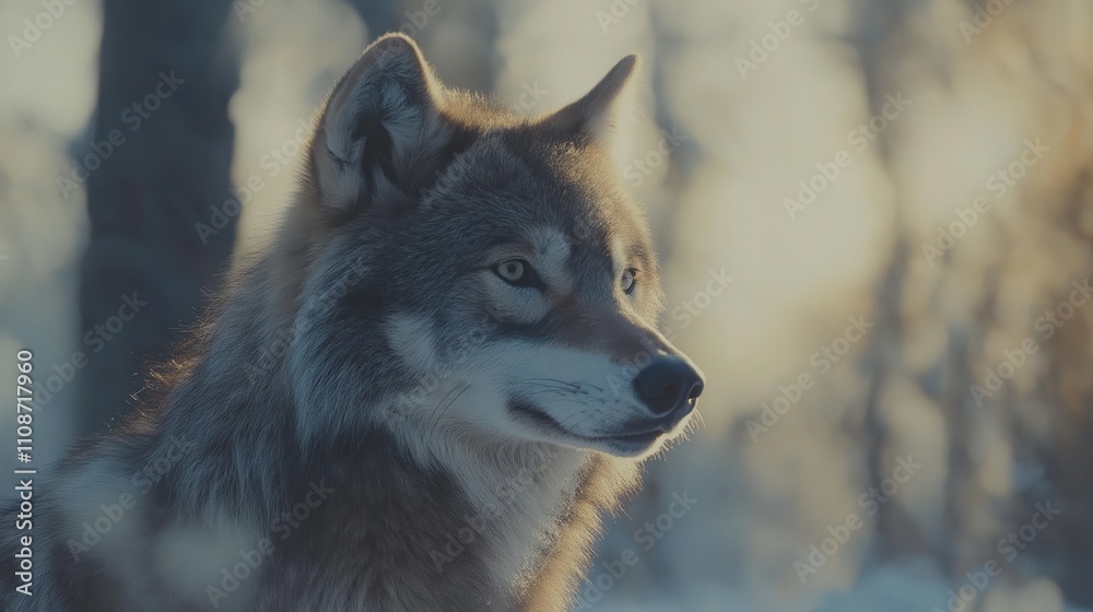 Fototapeta premium A white wolf stands gracefully in a tranquil snow-covered environment. Soft light filters through trees, highlighting its fur and focused gaze as winter sets in.