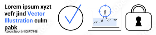 Checkmark in circle, graph with data points and target, padlock icon with keyhole. Ideal for data analytics, security solutions, verification processes, target setting, business presentations