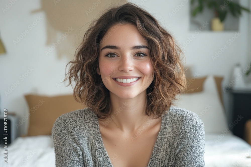 Woman with wavy hair in grey sweater surrounded by blooming lavender field under clear blue sky, smiling. Woman with wavy hair in grey sweater surrounded by blooming lavender field under clear blue sky, smiling.
