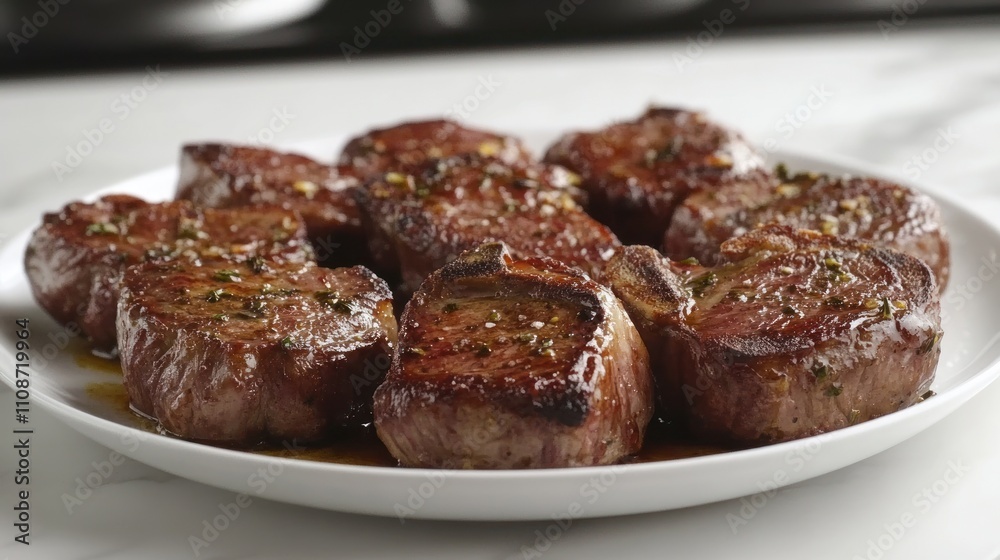 Deliciously cooked steak medallions on a white plate Deliciously cooked steak medallions on a white plate
