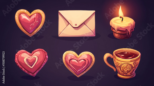 Romantic game ui assets and Valentine day elements - love letter with envelope and kiss sign, heart shaped bitten and broken cookies, burning candle with fire flame, golden cup with ornament. photo