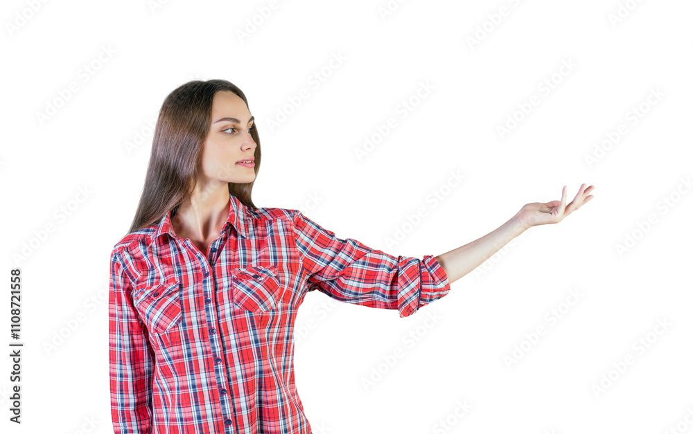Woman wearing a red plaid shirt, extending her arm and presenting with an open hand. Isolated on white background. Concept of presentation or display Woman wearing a red plaid shirt, extending her arm and presenting with an open hand. Isolated on white background. Concept of presentation or display