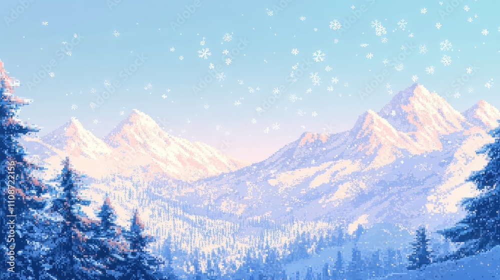 Obraz premium Abstract pixel art landscape of a snowy mountain range, with soft pixelated snowflakes falling against a pale blue sky