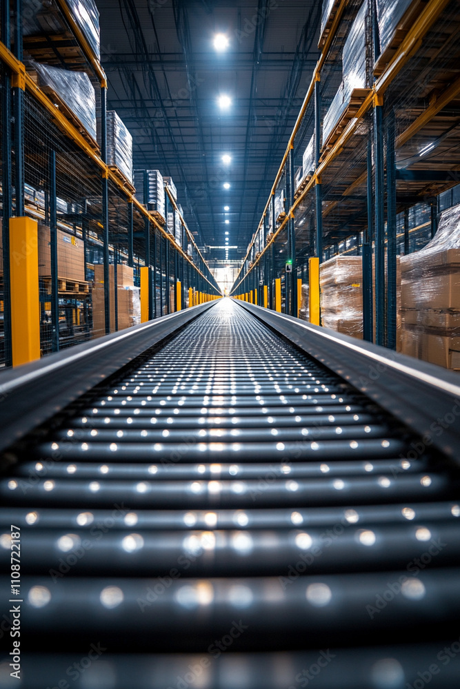 Fototapeta premium Conveyor system operates efficiently in a spacious warehouse filled with stacked goods