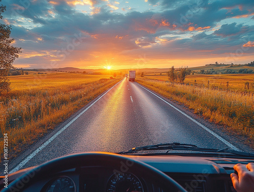 Beautiful sunset view on a long road surrounded by fields and a distant truck