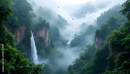 Enchanting Jungle Waterfall: A Serene Oasis of Mist and Lush Greenery in a Vibrant Ecosystem