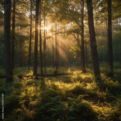 Wallpaper Mural A peaceful forest clearing bathed in golden morning light. Torontodigital.ca