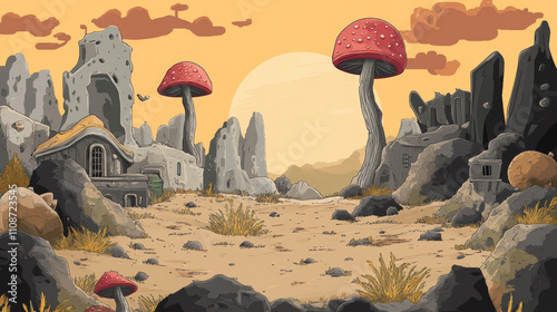 Parallax background alien planet 2d landscape with fantasy mushrooms trees or buildings and rocks. Extraterrestrial nature layered scene for computer game. Cartoon vector scenery view, ui animation photo