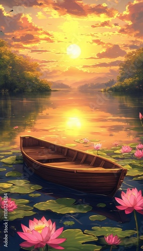 Serene illustration of wooden boat floating on lake with water lilies and sunset reflecting in calm water phone wallpaper photo