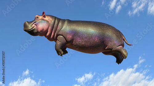 Flying hippo illustration fantasy landscape digital art vibrant sky whimsical concept for creative projects photo