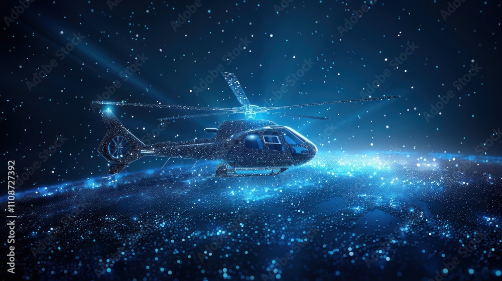 Obraz premium A futuristic digital helicopter flying over the Earth in a starry sky.