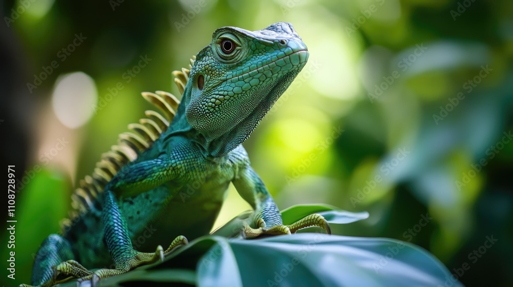 Obraz premium Green lizard close up resting on foliage. Scales and prominent spines. Natural habitat. Wildlife educational biology photo, nature project.