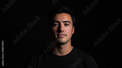 Handsome 20s man portrait in dark setting, isolated background. Guy look camera, wears simple black t-shirt, minimalist look. Beautiful male face. Minimalistic style. Attractive person head shot. photo