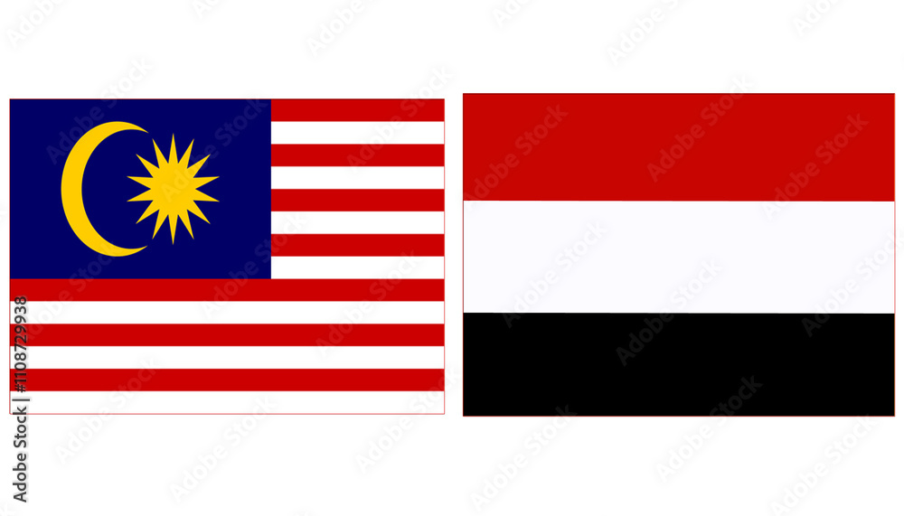 Obraz premium Malaysia national flag with Yeman Official flag, both countries flags are in Horizontal shape and isolated on white background. Rectangular colorful design Flag with together