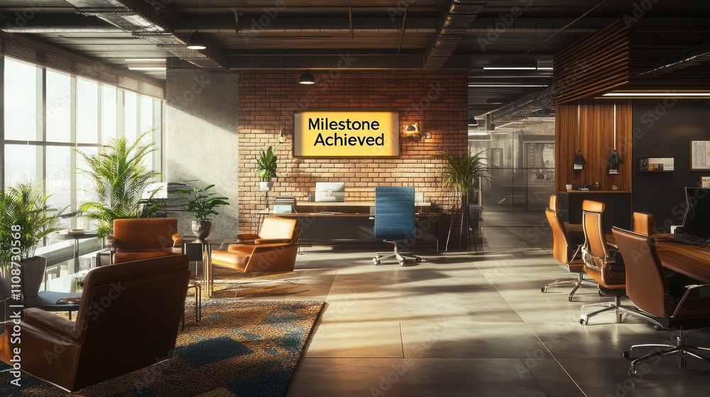 Fototapeta premium Modern Office Interior with Brick Wall and Milestone Achieved Sign