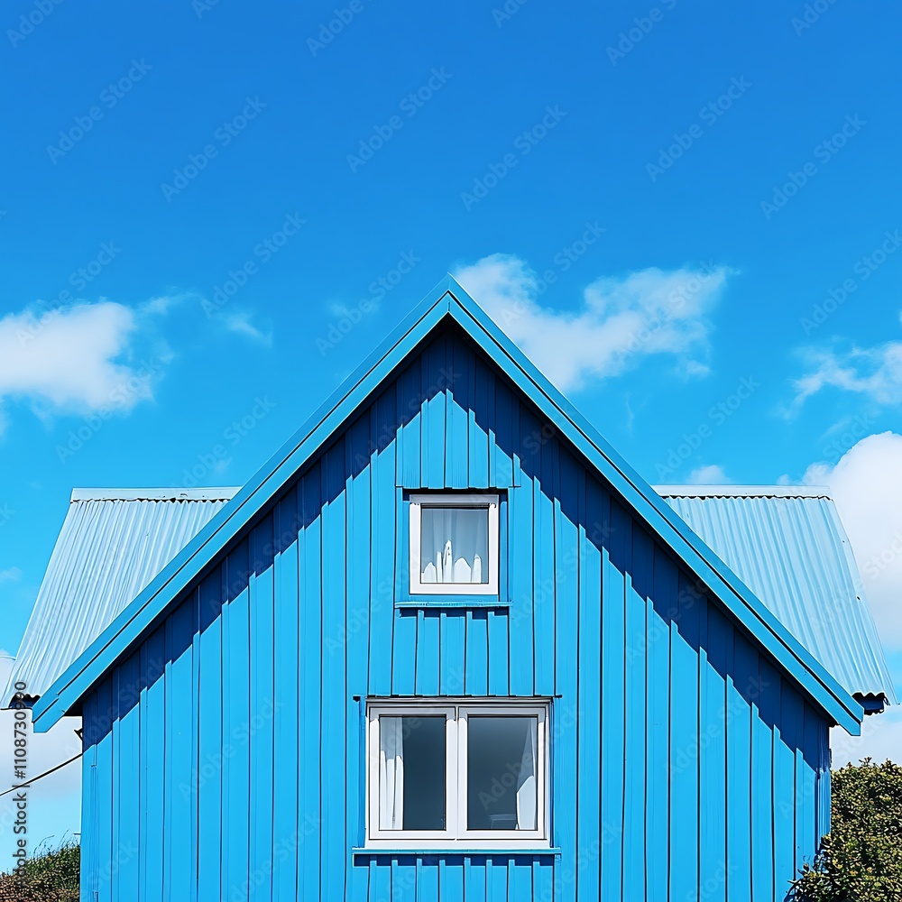 Inspiring blue house rooftop charm sleek design vivid sky Illustration Inspiring blue house rooftop charm sleek design vivid sky Illustration