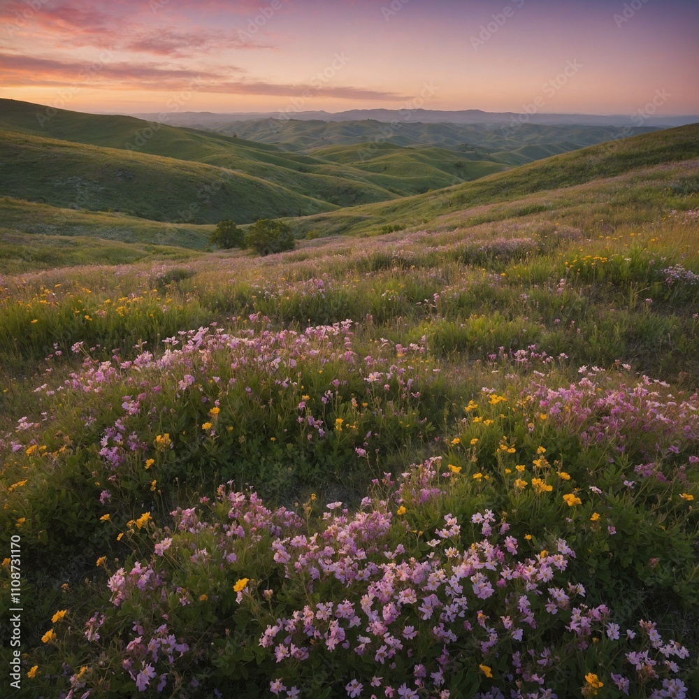 Fototapeta premium Rolling hills covered in wildflowers under a pastel-hued sky.
