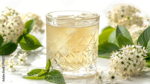 A glass of elderflower cordial with mint leaves, isolated on white background