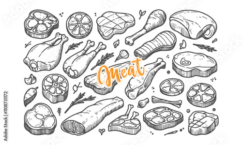 Vintage Hand-Drawn Meat Cuts and Culinary Ingredients Vector Set for Restaurant Menus and Food Packaging Designs