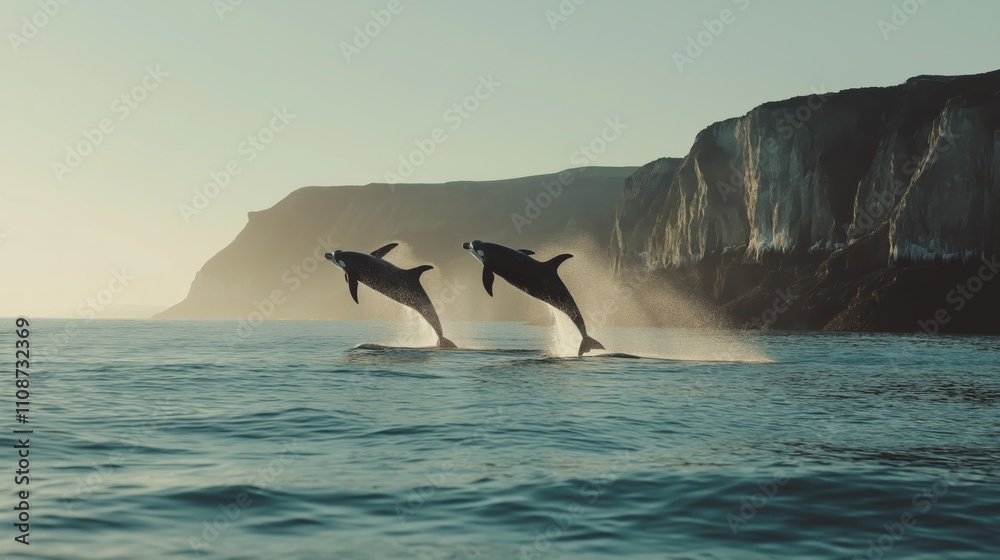 Fototapeta premium A whale gracefully breaches the surface of calm waters near striking cliffs. The surrounding landscape is shrouded in mist, creating a tranquil atmosphere.