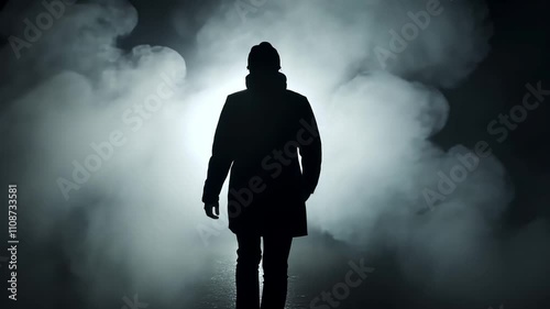 Man traverses dense fog, approaching a glowing light. The atmosphere conveys mystery and tension, illustrating a journey filled with hope and uncertainty