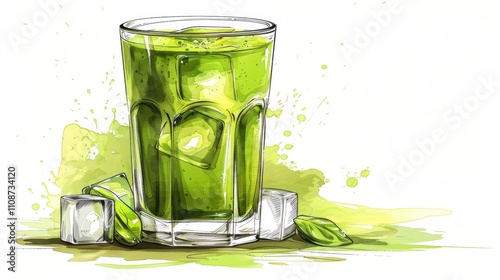 Wallpaper Mural A glass of iced matcha latte with ice cubes, isolated on white background Torontodigital.ca