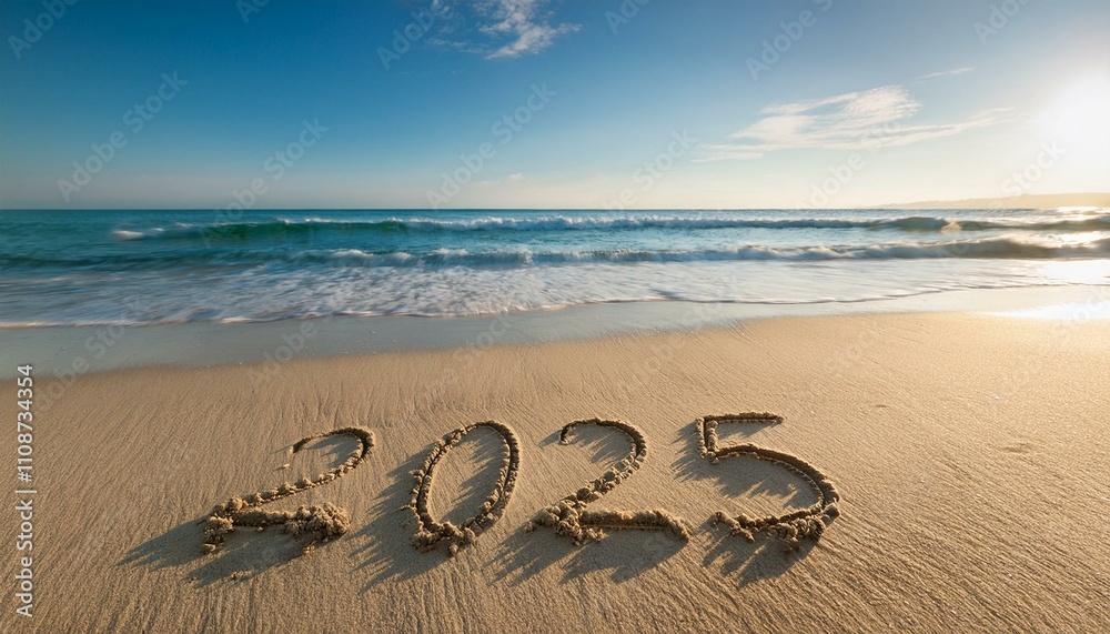 Obraz premium Welcome 2025: A Sunny Beach Scene of New Beginnings