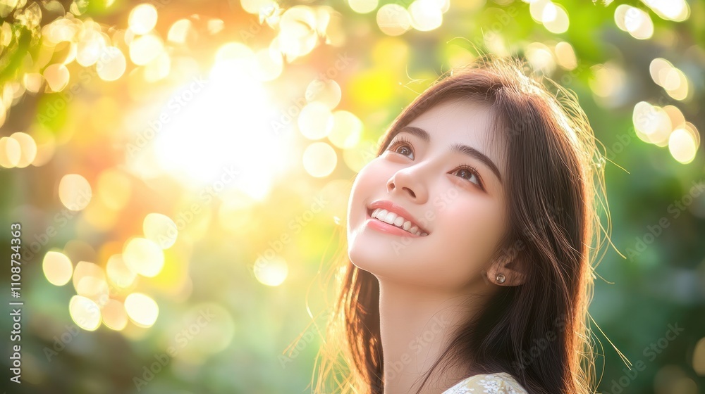Young Woman Smiles Brightly Outdoors In Golden Sunlight Young Woman Smiles Brightly Outdoors In Golden Sunlight