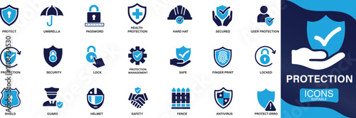  Protection icon set. safe, shield, lock, security, alarm, umbrella, guard, You can easily change the color.