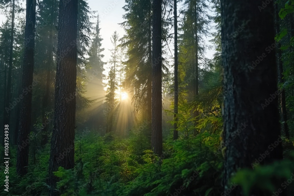 Obraz premium A forest with trees and a sun shining through the trees