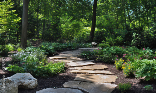 Serene stone pathway winding through lush forest peace