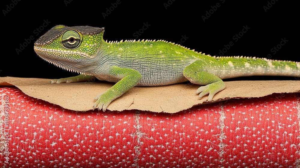 Fototapeta premium Vibrant green lizard crawling on cardboard studio setting wildlife photography close-up nature concept