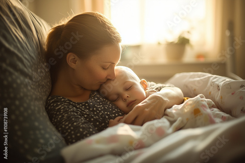 mom hugging sick child with bald head in hospital bed, sunlight through window