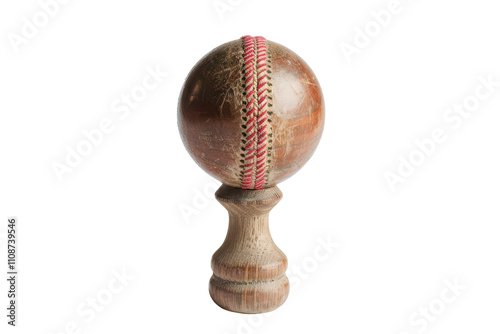 Unique wooden kendama with a hand-crafted ball featuring traditional stitching displayed on a minimalist surface