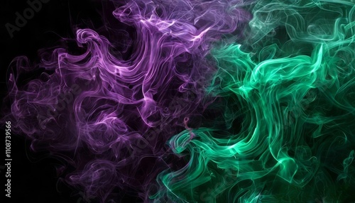 An abstract green and purple smoke cloud blending with a black background evokes a sense of movement and mystery for artistic or professional use.