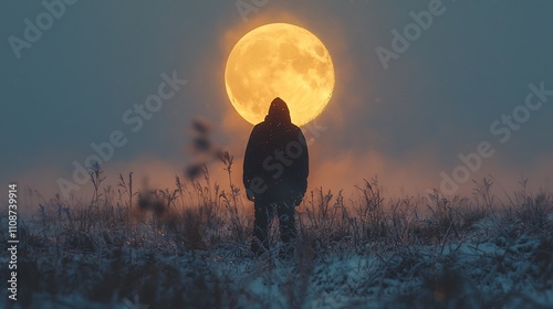 Smi joik singer standing open field at dusk surrounded by vast wilderness and softly falling snow his breath visible in the cold air with a full moon rising behind him captured with prime lens photo