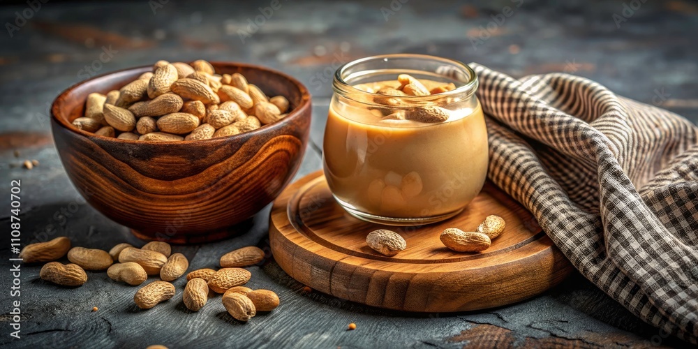 Fototapeta premium Roasted Peanuts and Creamy Peanut Butter in Low Light Setting - Rustic Wood Bowl, Glass Jar, and Elegant Marble Surface for Cozy Kitchen Vibes