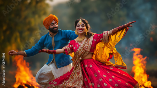 Young Punjabi couples celebrating Lohri festival with dancing bhangra against a bonfire photo