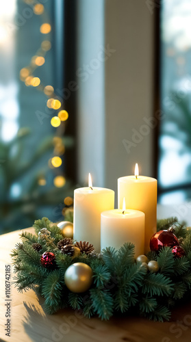 lighted candles evergreen wreath