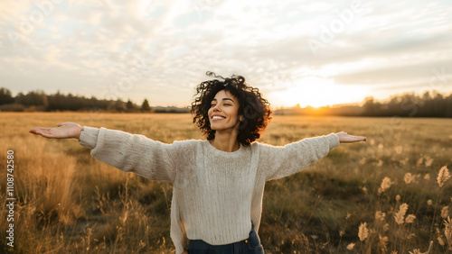 Young beautiful woman taking fresh air with open arms in a grass field. Smiling woman taking deep breath, healing and relaxation concept
