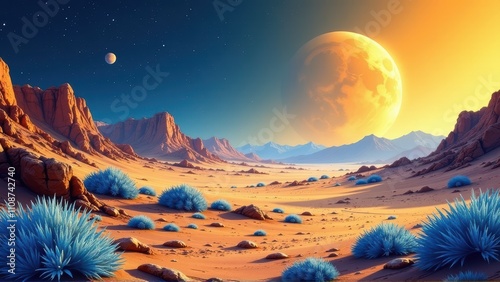 Alien Desert Landscape with Blue Plants and Giant Planets photo