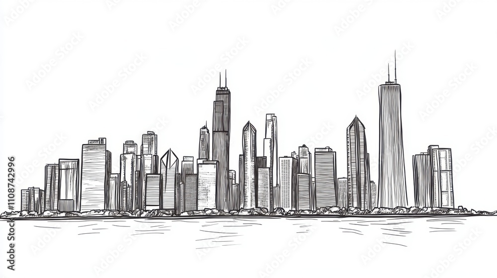 Fototapeta premium Urban Silhouette: Iconic Buildings in Single-Line Sketch