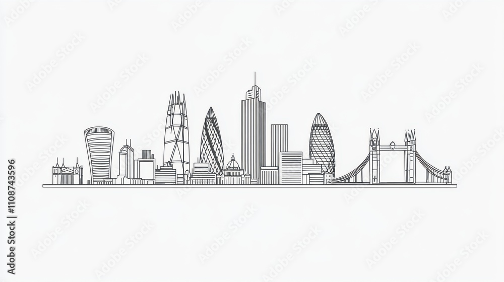 Obraz premium Urban Silhouette: Iconic Buildings in Single-Line Sketch