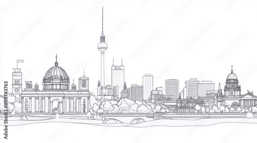 Obraz premium Urban Silhouette: Iconic Buildings in Single-Line Sketch