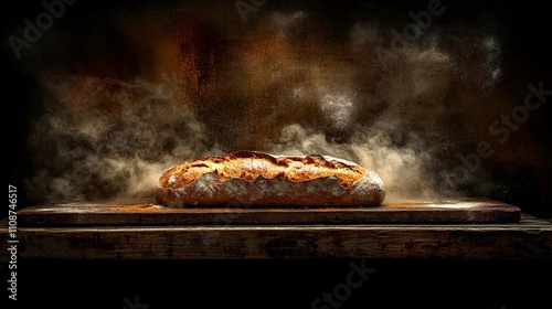 Bauernbrot emerges from the oven, surrounded by a mystical haze of flour and steam. Its rustic crust and warm glow invite you to savor this traditional bread. photo