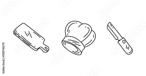 set of food cutting board, knife, chef's hat