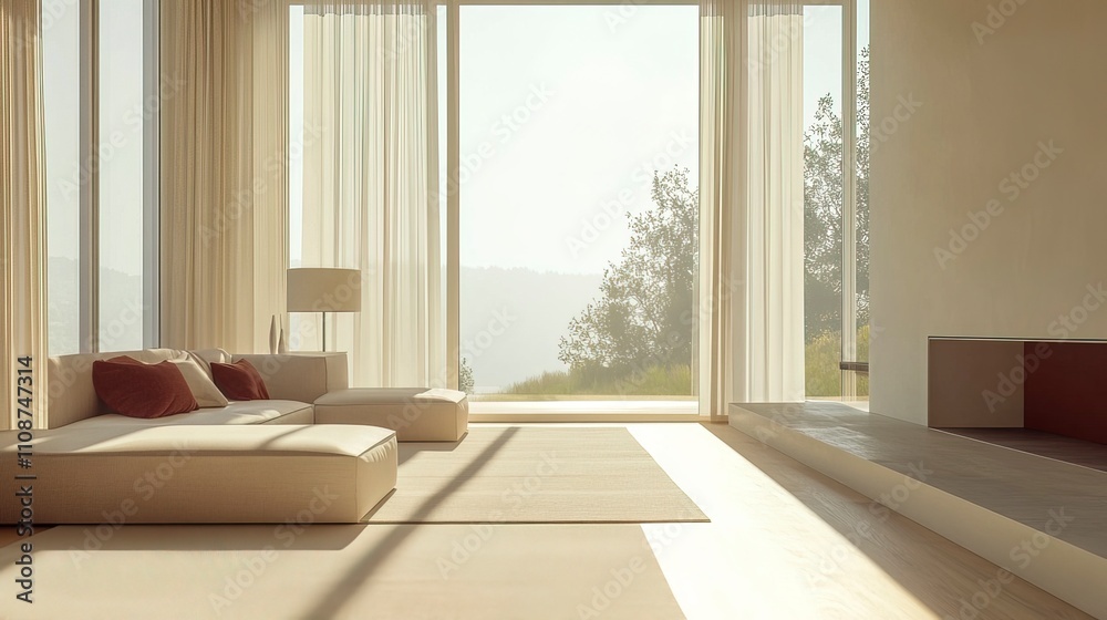 Fototapeta premium Minimalist living room interior with modern furniture and large windows, beige sofa with burgundy red accents. Ideal for interior design mockup and advertisement. 