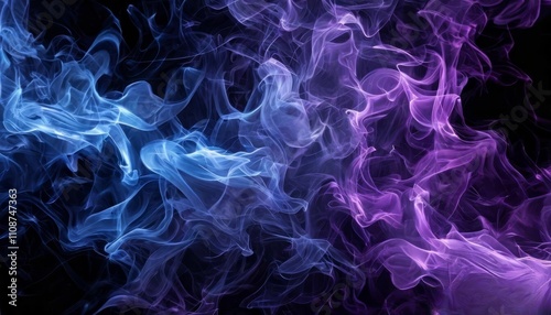 An abstract blue and purple smoke cloud blending with a black background evokes a sense of movement and mystery for artistic or professional use.